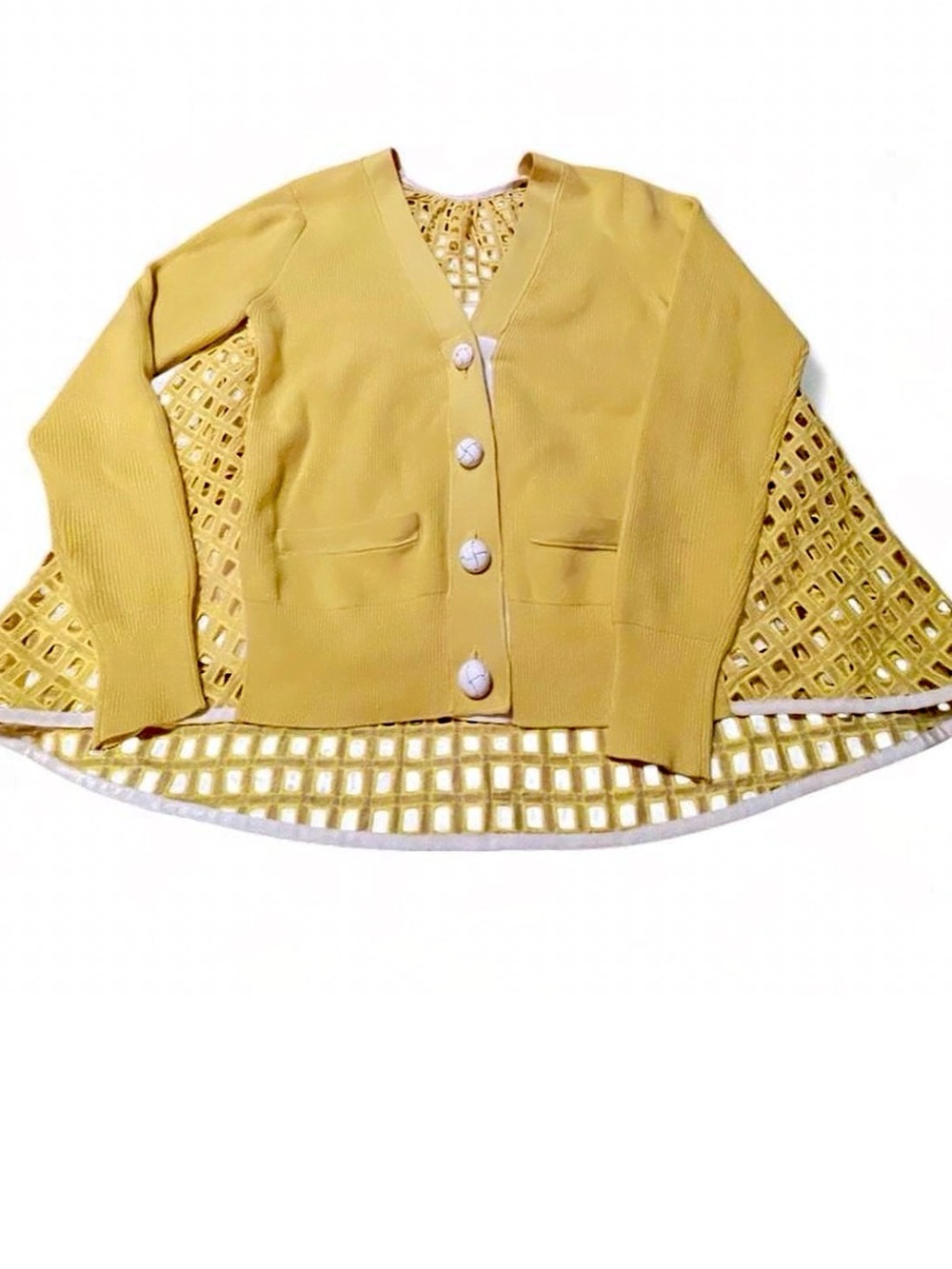Rare Structural Mixed-Media Hybrid Cardigan - Yellow Lattice Satin Back Lining